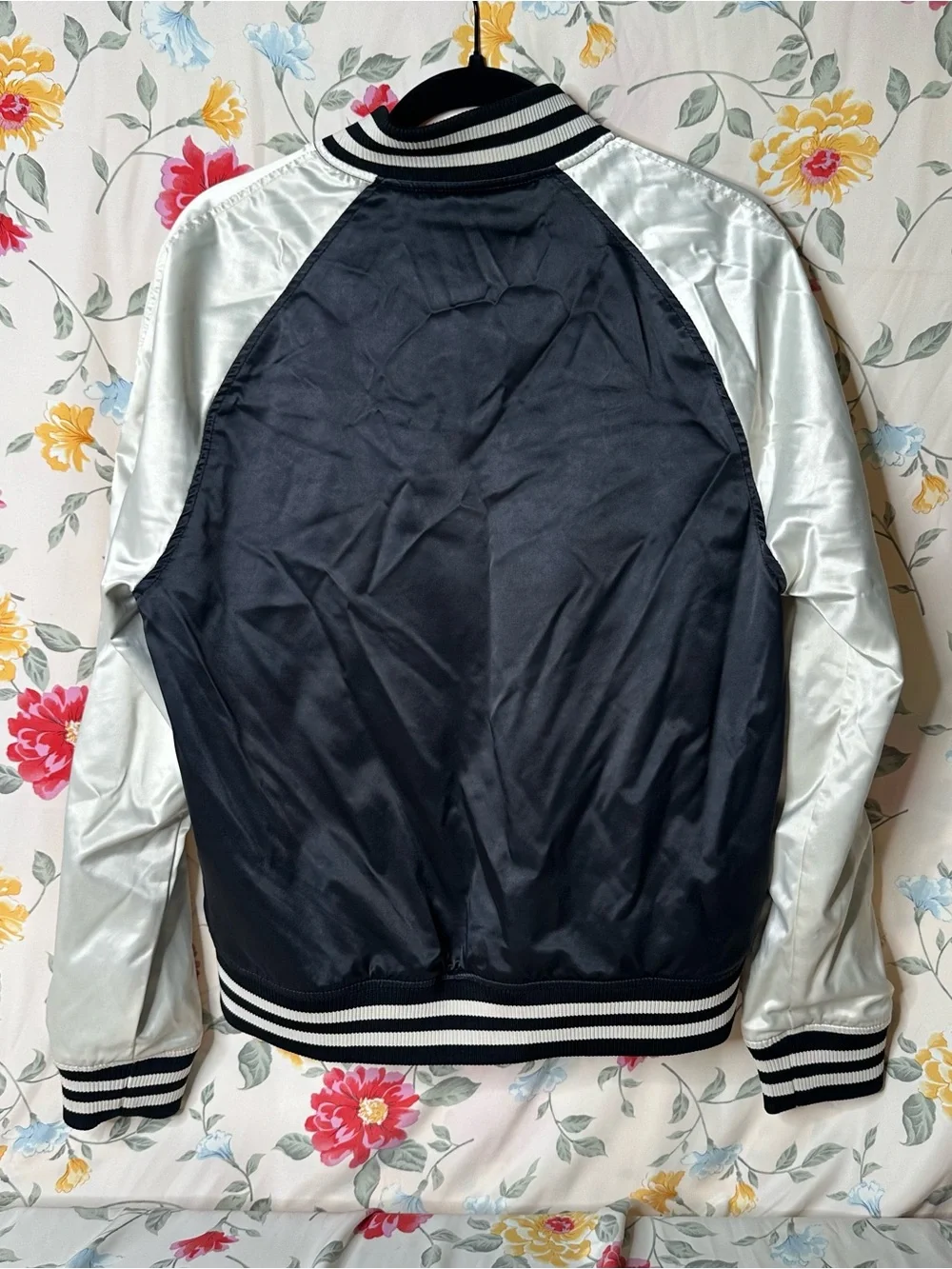 H&M | Black Satin Varsity Bomber Jacket with Silver Sleeves | Size M
